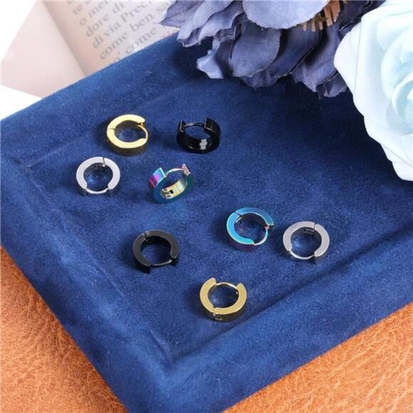 4-Pair Titanium Steel Huggie Hoop Earring Set – Black, Silver, Gold, Oil slick - Picture 7 of 7